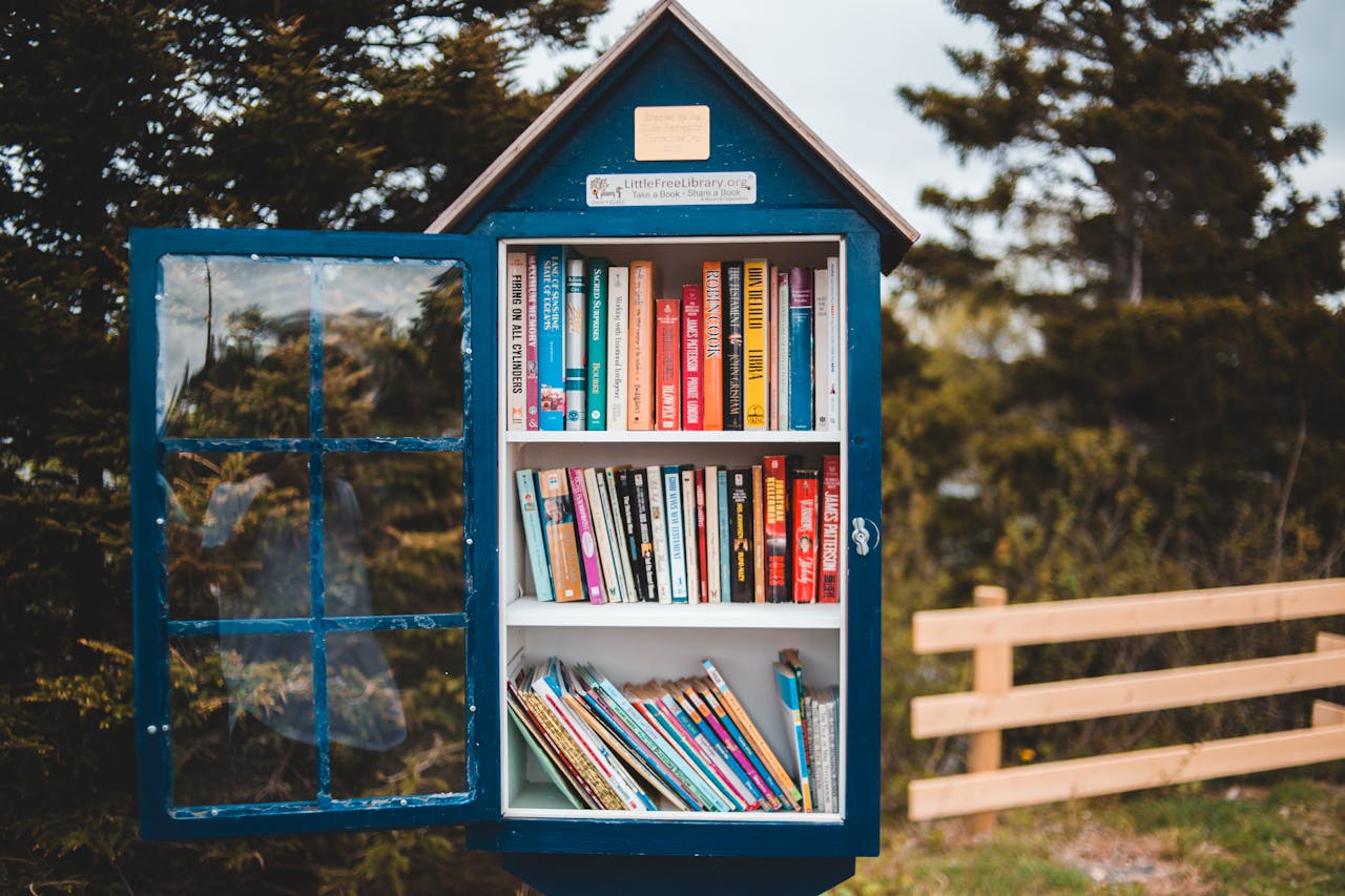heros-img Wooden house shaped public bookcase with opened door filled with books and located in lush green park